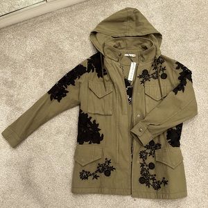 Alice + Olivia military jacket with black lace appliqué, NWT, removable hood.